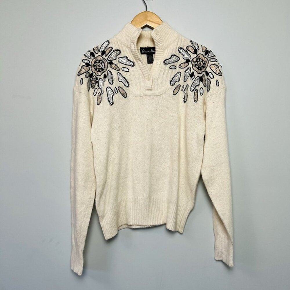 Vintage Richard Martin Cream Sweater sz M Silk‎ Angora Blend Beaded Embroidered